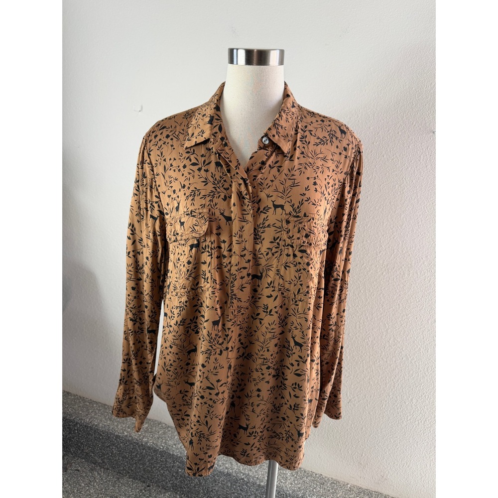 J Jill Women Large Brown Deer Botanical Print Viscose Button Down Blouse Top